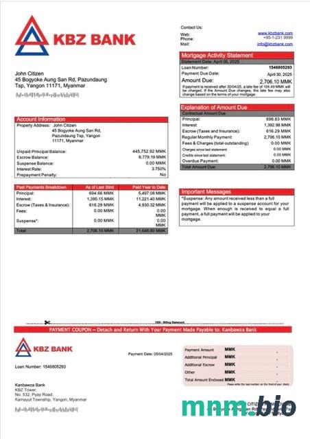 Myanmar Kanbawza Bank wyciąg z kredytu hipotecznego szablon Word i PDF